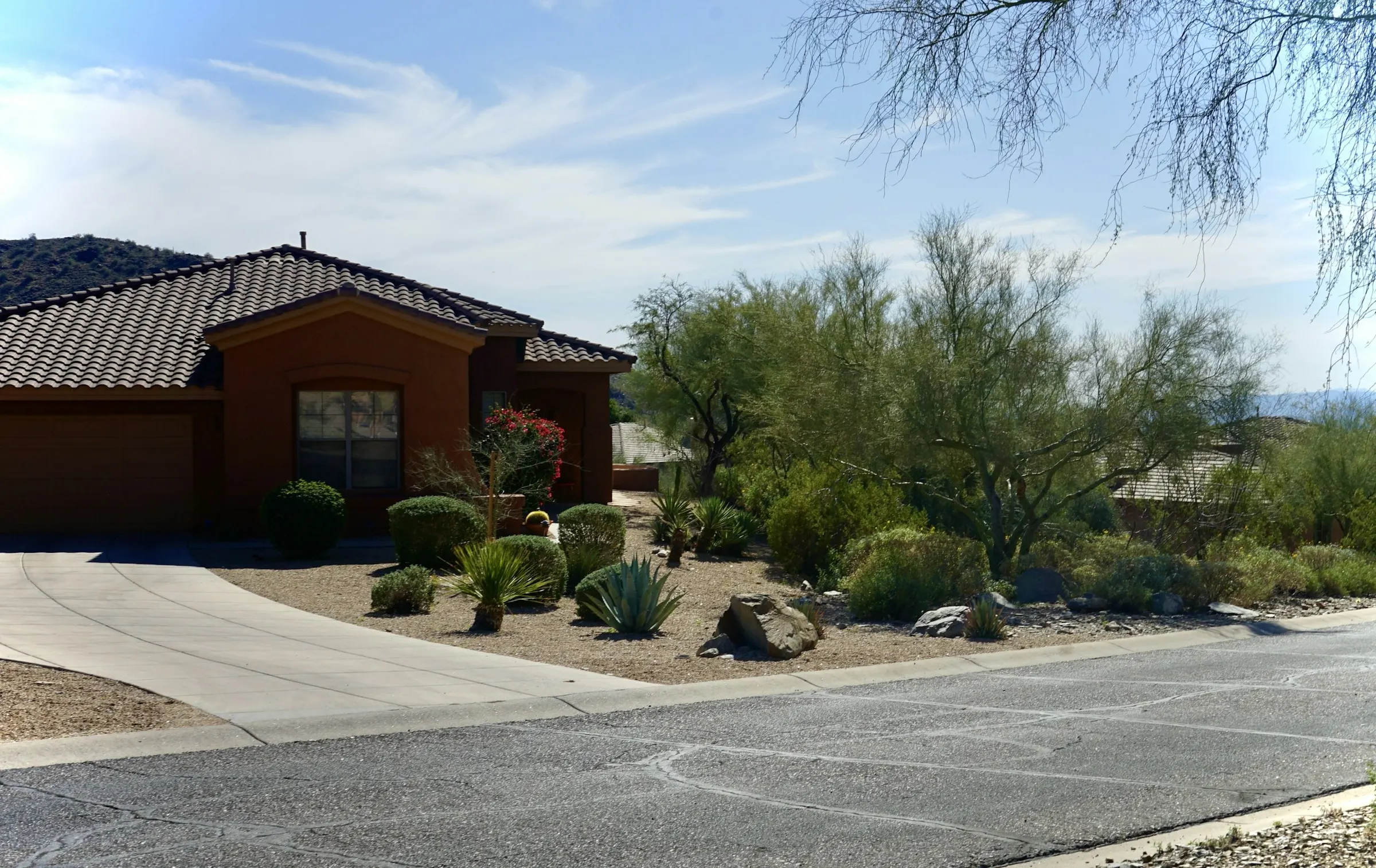 A single-story desert home with a tile roof and a xeriscape yard