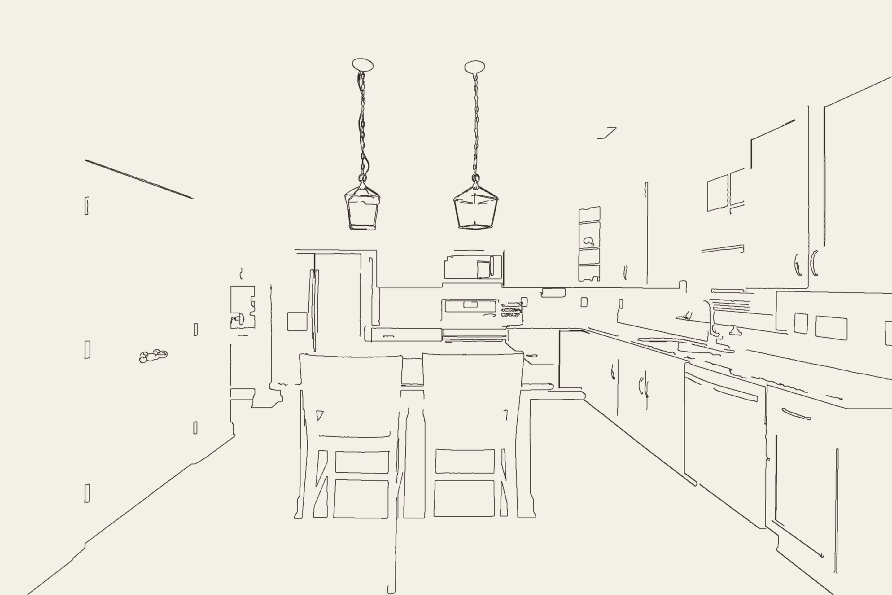 A line drawing of the white kitchen, before it resolves into the finished room