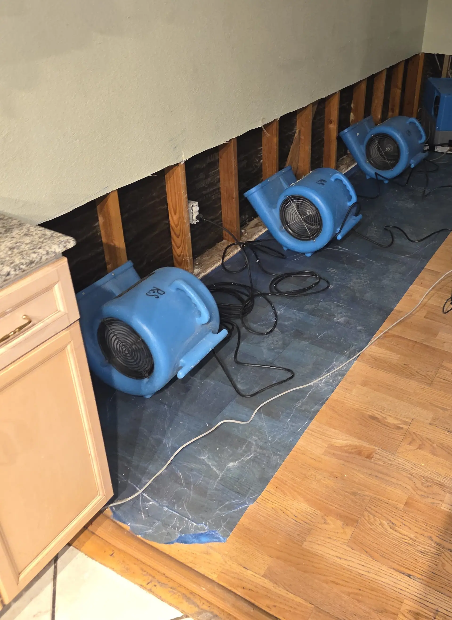 Blue air movers lined up along a wall cut open above the floor