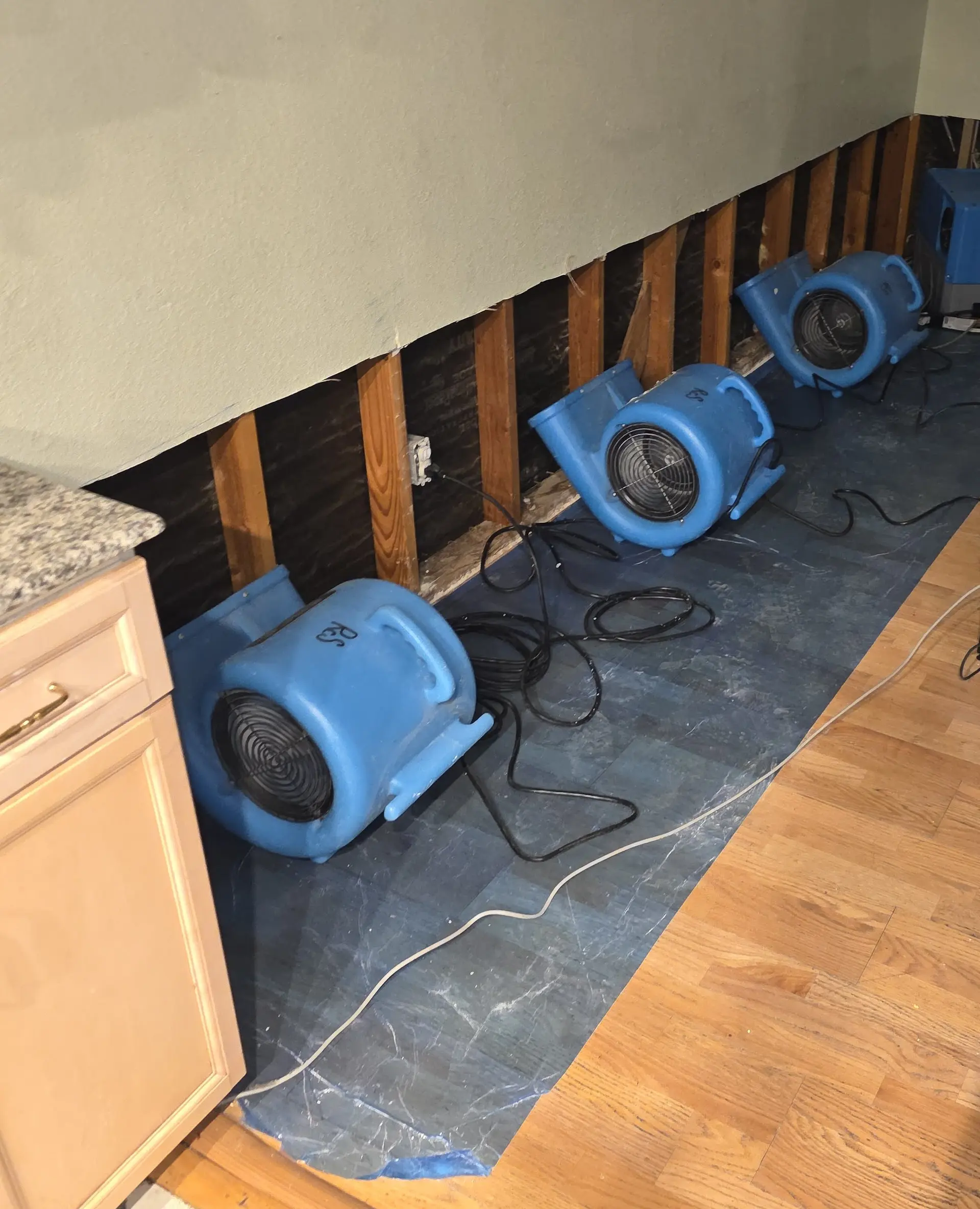 Blue air movers lined up along a wall cut open above the floor