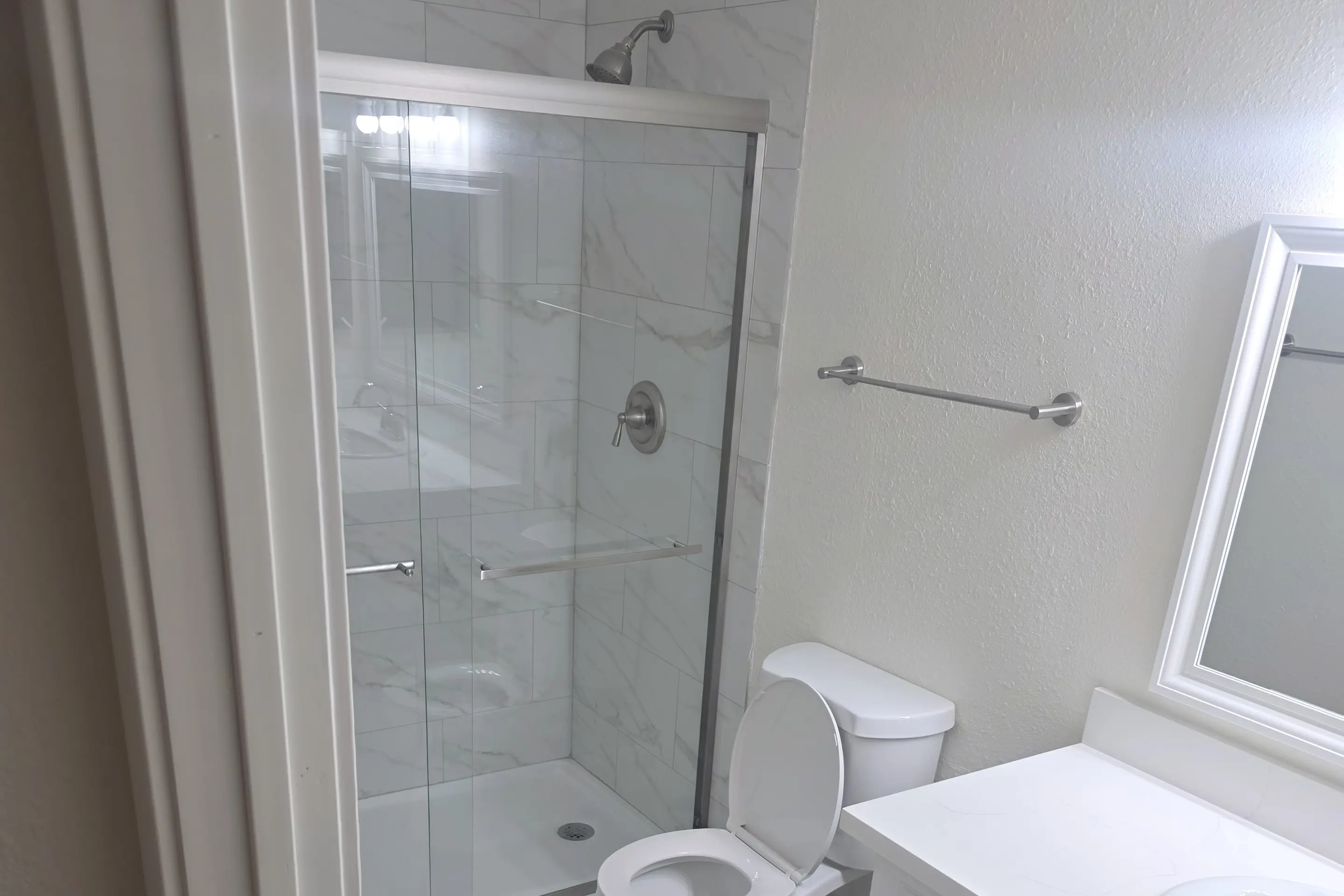 A bathroom with a glass-door shower, a white vanity and a plank floor