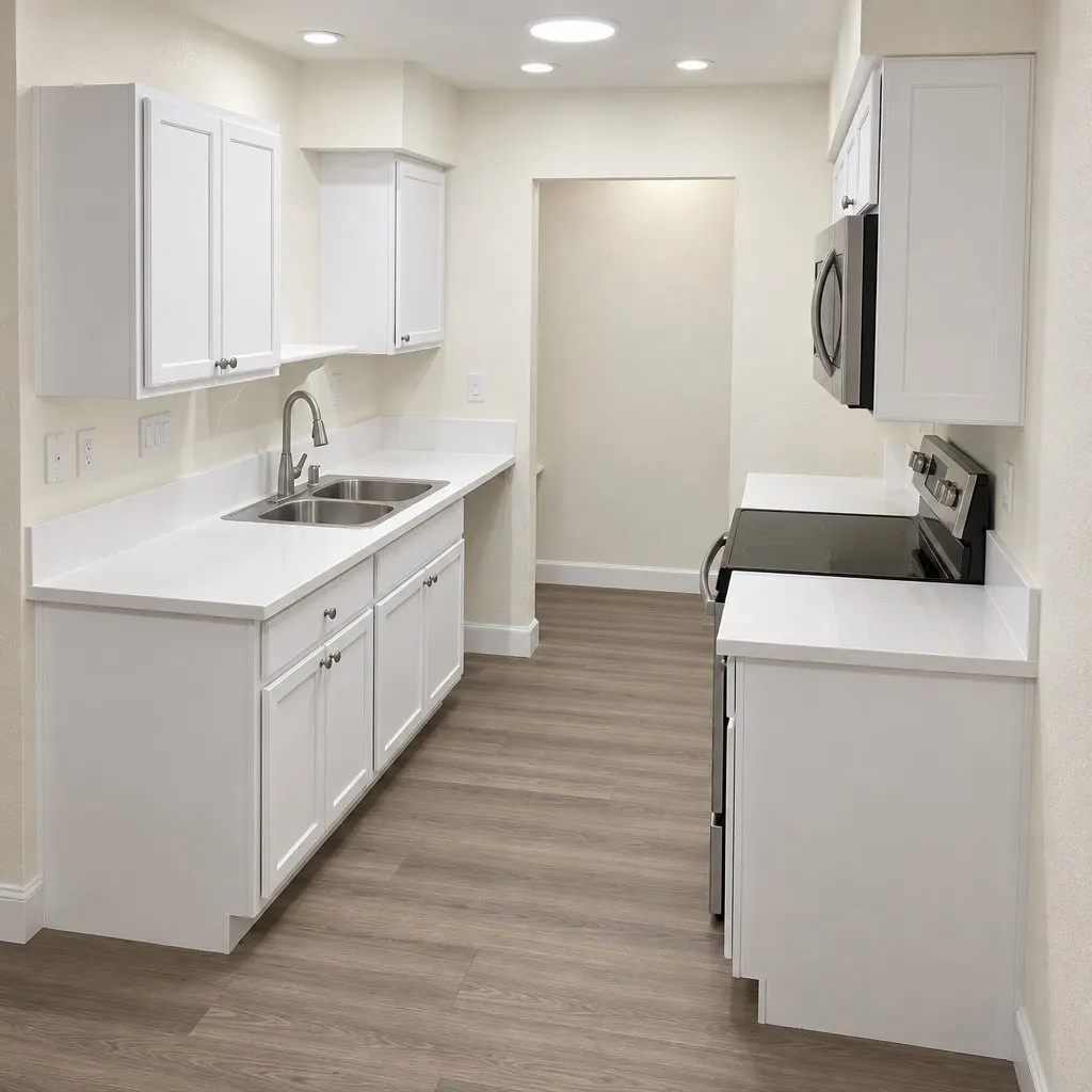 A white galley kitchen with a stainless sink, a stainless range with a black glass cooktop and a microwave under the cabinets