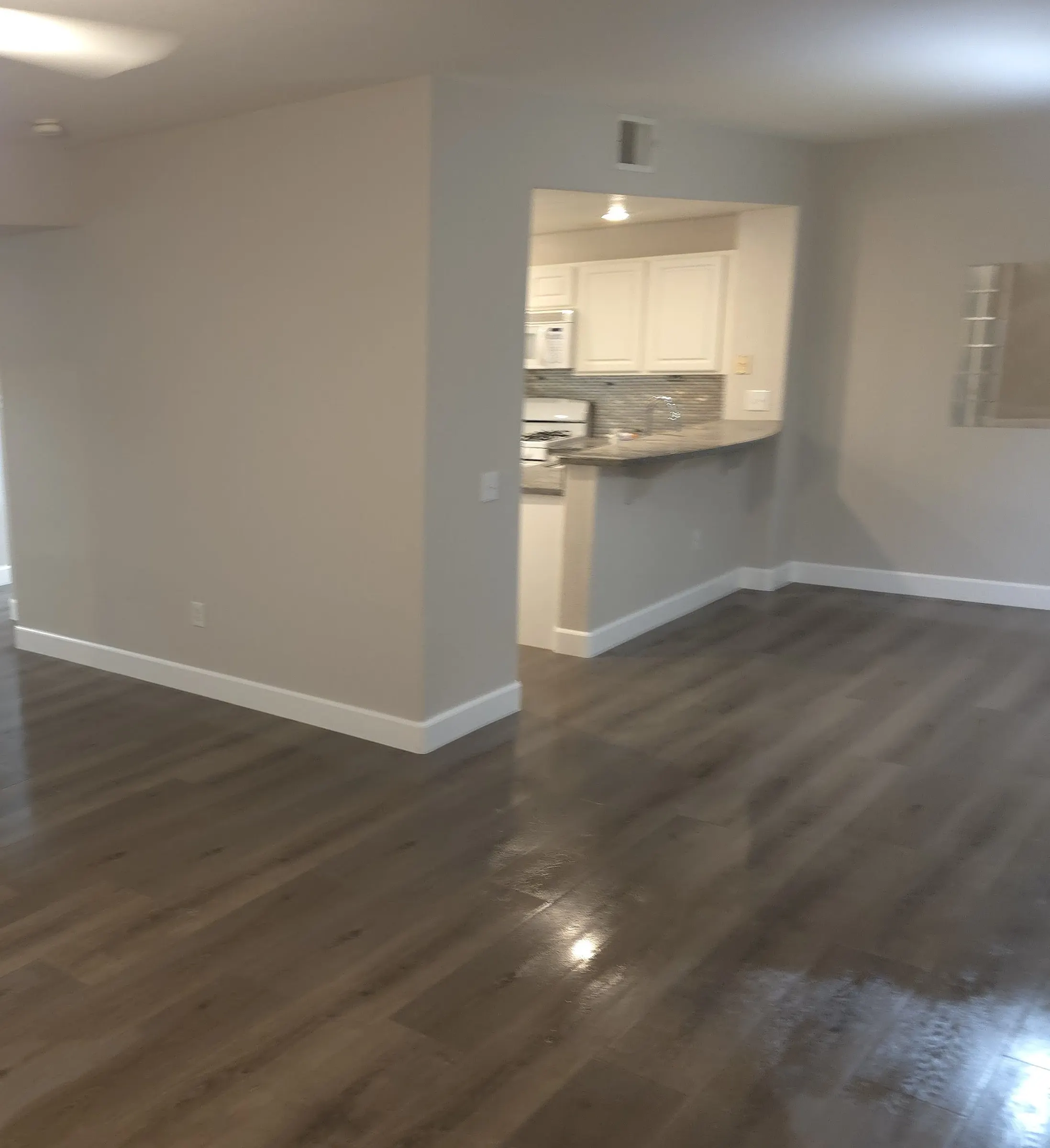 A new dark plank floor running through a living room toward the kitchen, with new baseboards and fresh paint